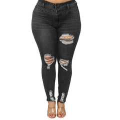 High waist ripped large size fat jeans