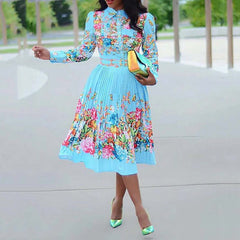 Flower Me High Waisted Long Sleeve Pleated Dresses